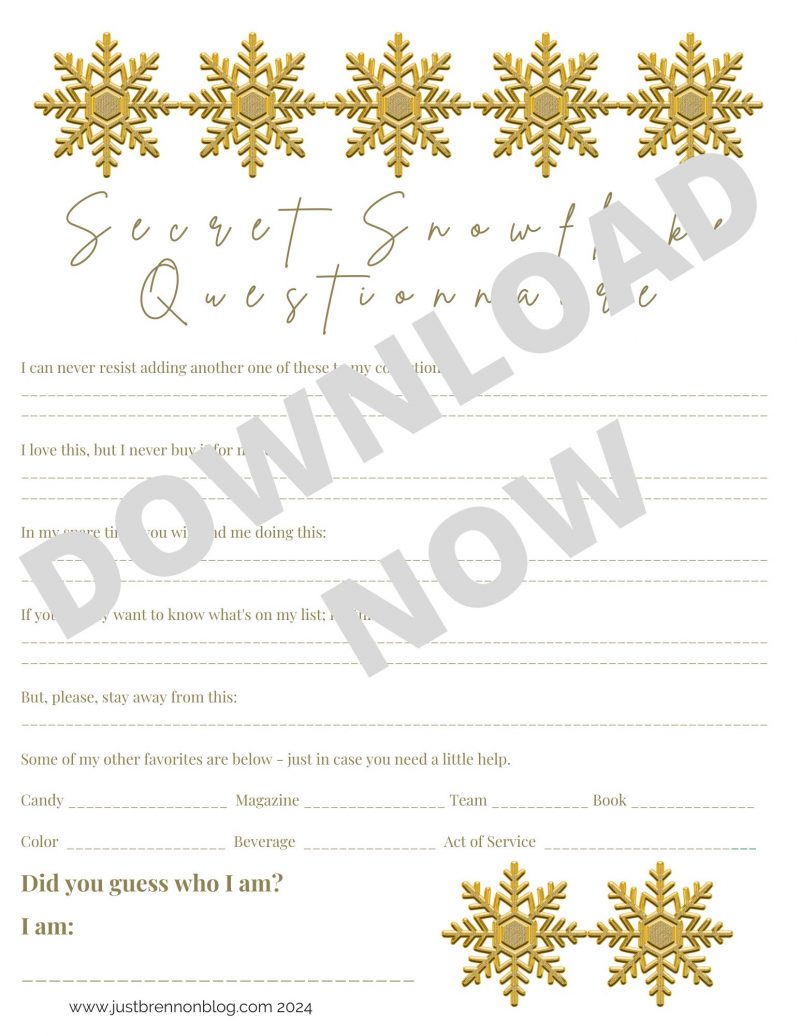 Just Brennon Blog Secret Santa and Secret Snowflake Questionnaires – Now on Etsy for $2!